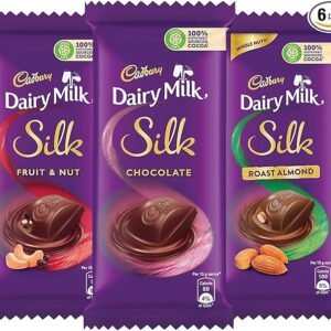 Cadbury Dairy Milk Silk Small Chocolates Combo (This combo contains 2 packs of cadbury dairy milk silk 60g, 2 packs of cadbury dairy milk silk Oreo 60g, 2 packs of cadbury dairy milk Roasted Almond 55 and 2 packs of cadbury dairy milk Fruit & Nut 55g.)