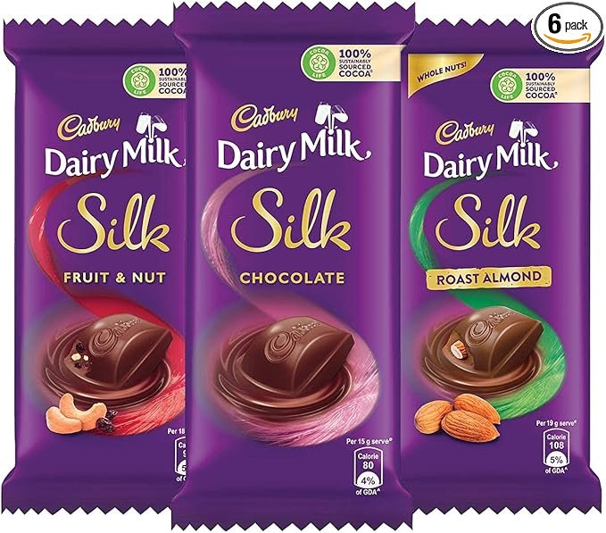 Cadbury Dairy Milk Silk Small Chocolates Combo (This combo contains 2 packs of cadbury dairy milk silk 60g, 2 packs of cadbury dairy milk silk Oreo 60g, 2 packs of cadbury dairy milk Roasted Almond 55 and 2 packs of cadbury dairy milk Fruit & Nut 55g.)