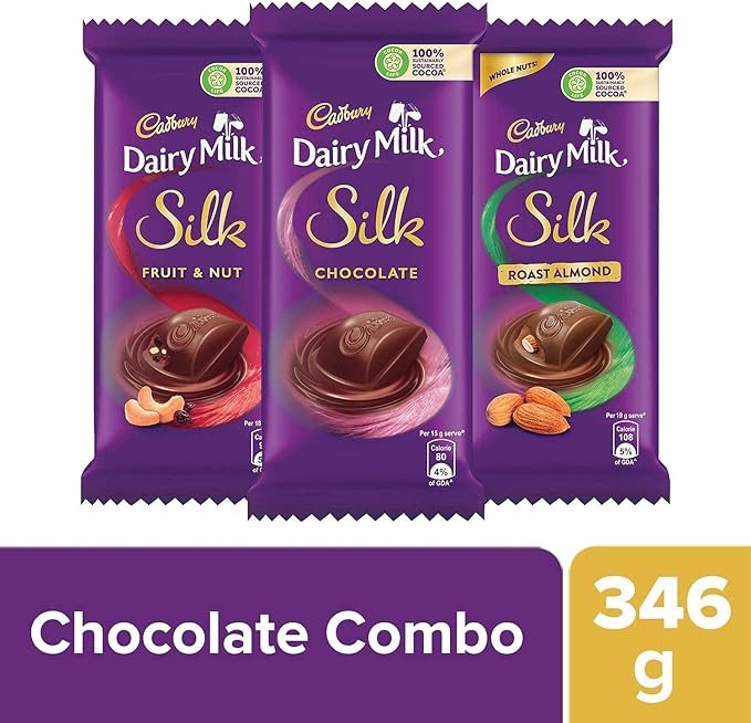 Cadbury Dairy Milk Silk Small Chocolates Combo (This combo contains 2 packs of cadbury dairy milk silk 60g, 2 packs of cadbury dairy milk silk Oreo 60g, 2 packs of cadbury dairy milk Roasted Almond 55 and 2 packs of cadbury dairy milk Fruit & Nut 55g.) - Image 3
